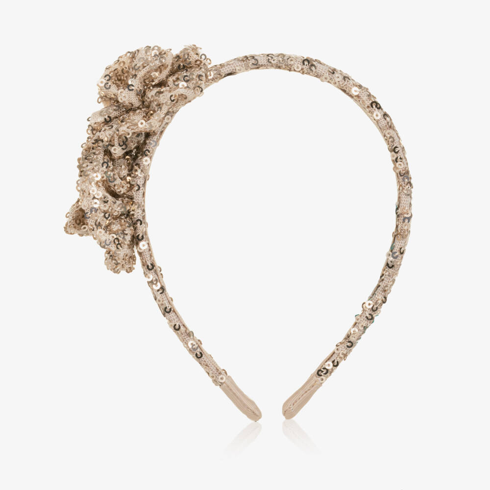 Abel & Lula-Girls Gold Sequin Hairband with Roses | Childrensalon