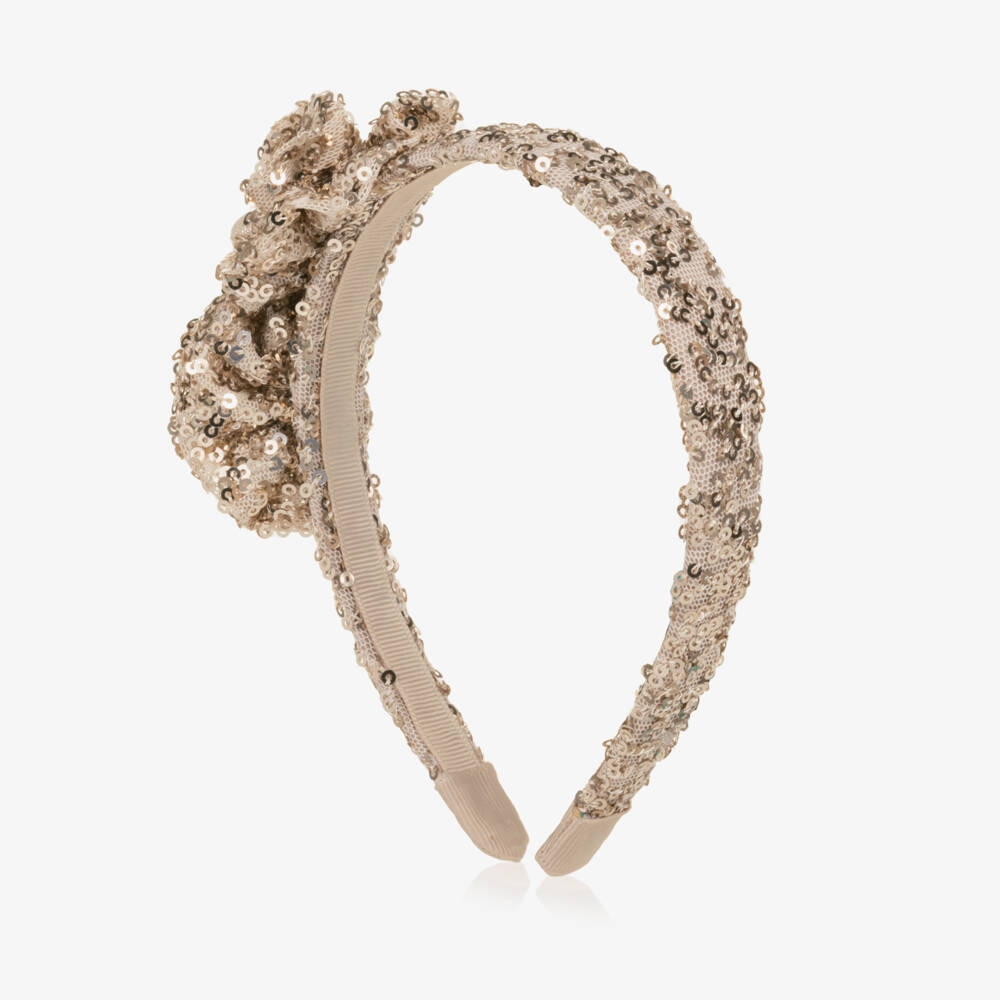 Abel & Lula-Girls Gold Sequin Hairband with Roses | Childrensalon