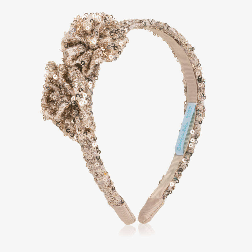 Abel & Lula-Girls Gold Sequin Hairband with Roses | Childrensalon