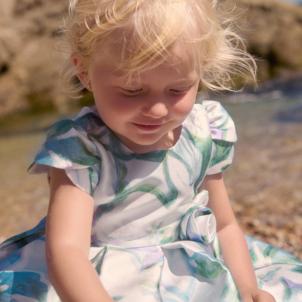 Abel & Lula-Girls Green & Blue Floral Satin Dress | Childrensalon