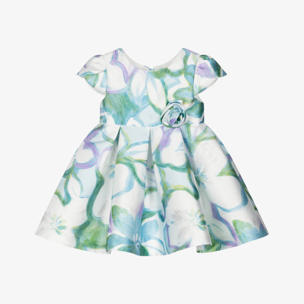 Abel & Lula-Girls Green & Blue Floral Satin Dress | Childrensalon