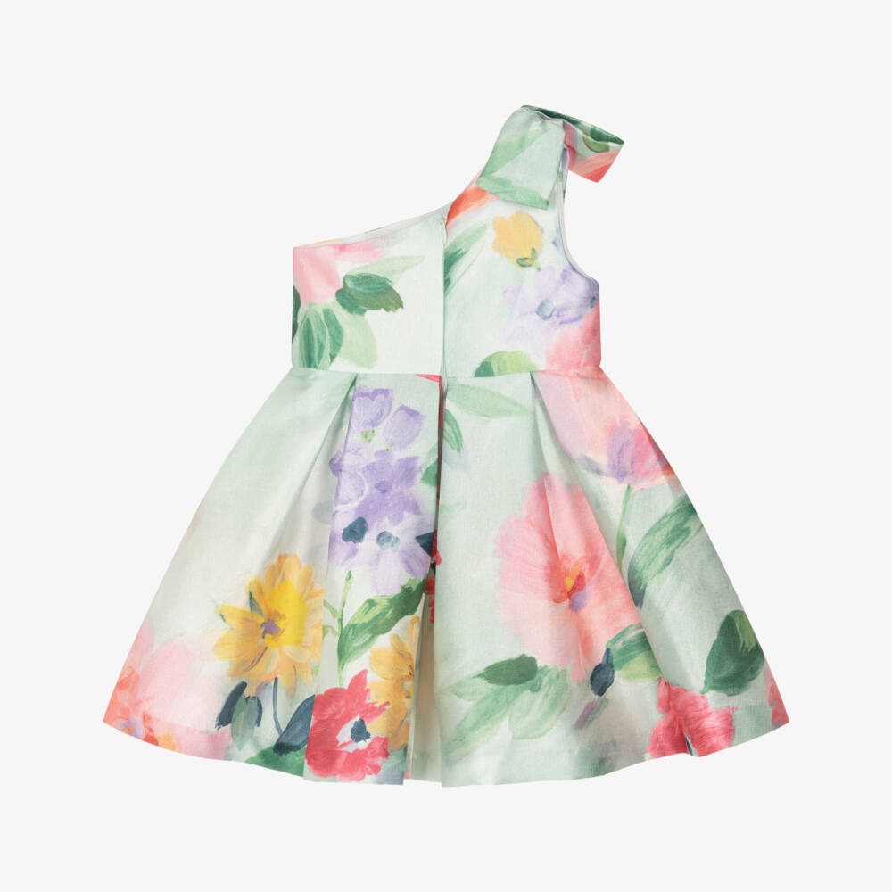Abel & Lula-Girls Green Floral Patterned One-Shoulder Dress | Childrensalon