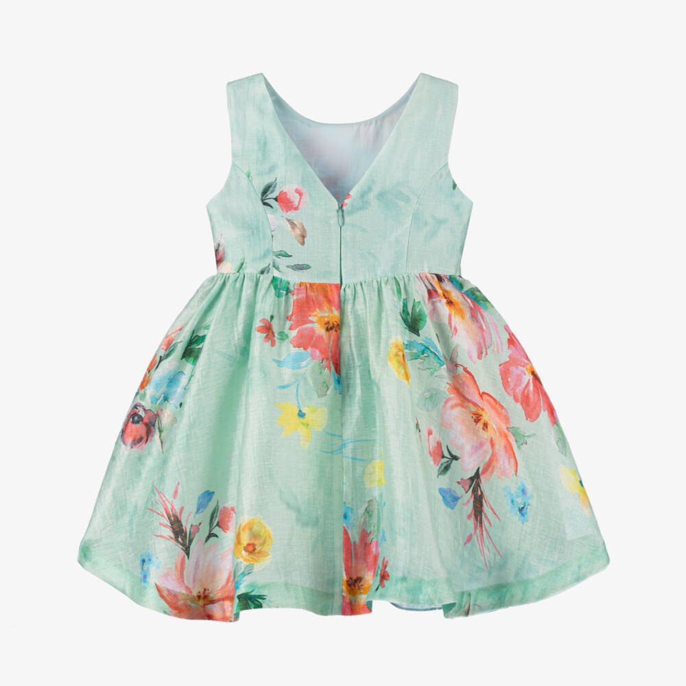 Abel & Lula-Girls Green Linen Floral Print Dress | Childrensalon