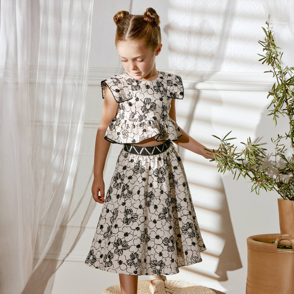 Abel & Lula-Girls Ivory & Black Floral Skirt Set | Childrensalon