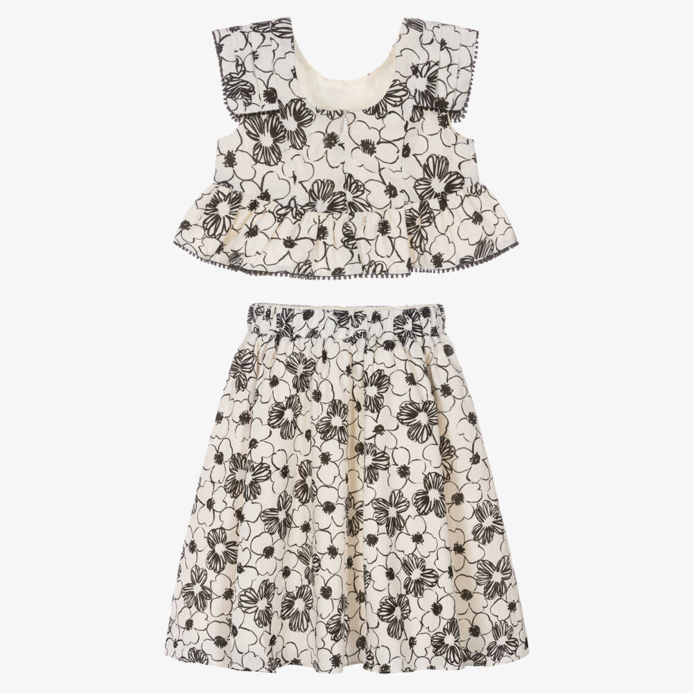 Abel & Lula-Girls Ivory & Black Floral Skirt Set | Childrensalon