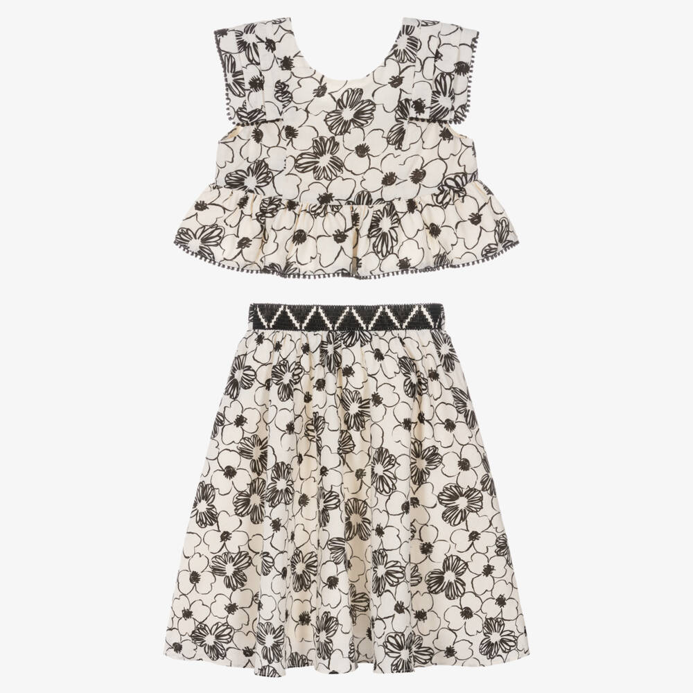 Abel & Lula-Girls Ivory & Black Floral Skirt Set | Childrensalon