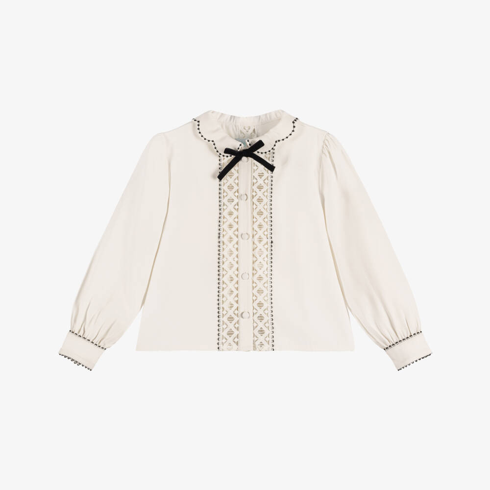 Abel & Lula-Girls Ivory Blouse with Crochet Lace | Childrensalon