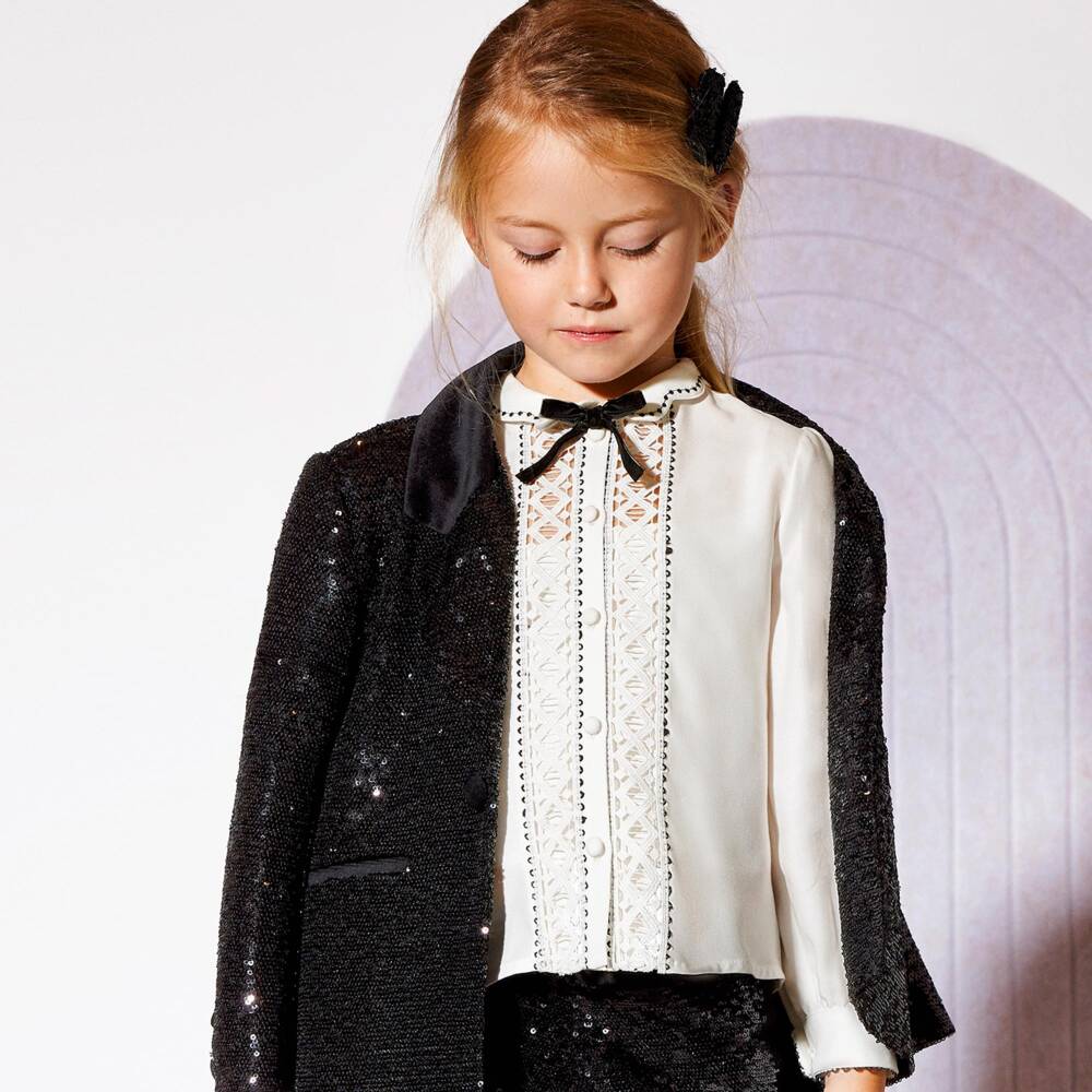 Abel & Lula-Girls Ivory Blouse with Crochet Lace | Childrensalon