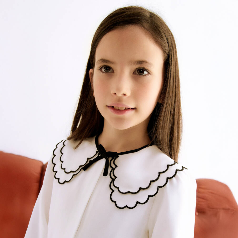 Abel & Lula-Girls Ivory Chiffon Blouse with Oversized Scalloped Collar | Childrensalon