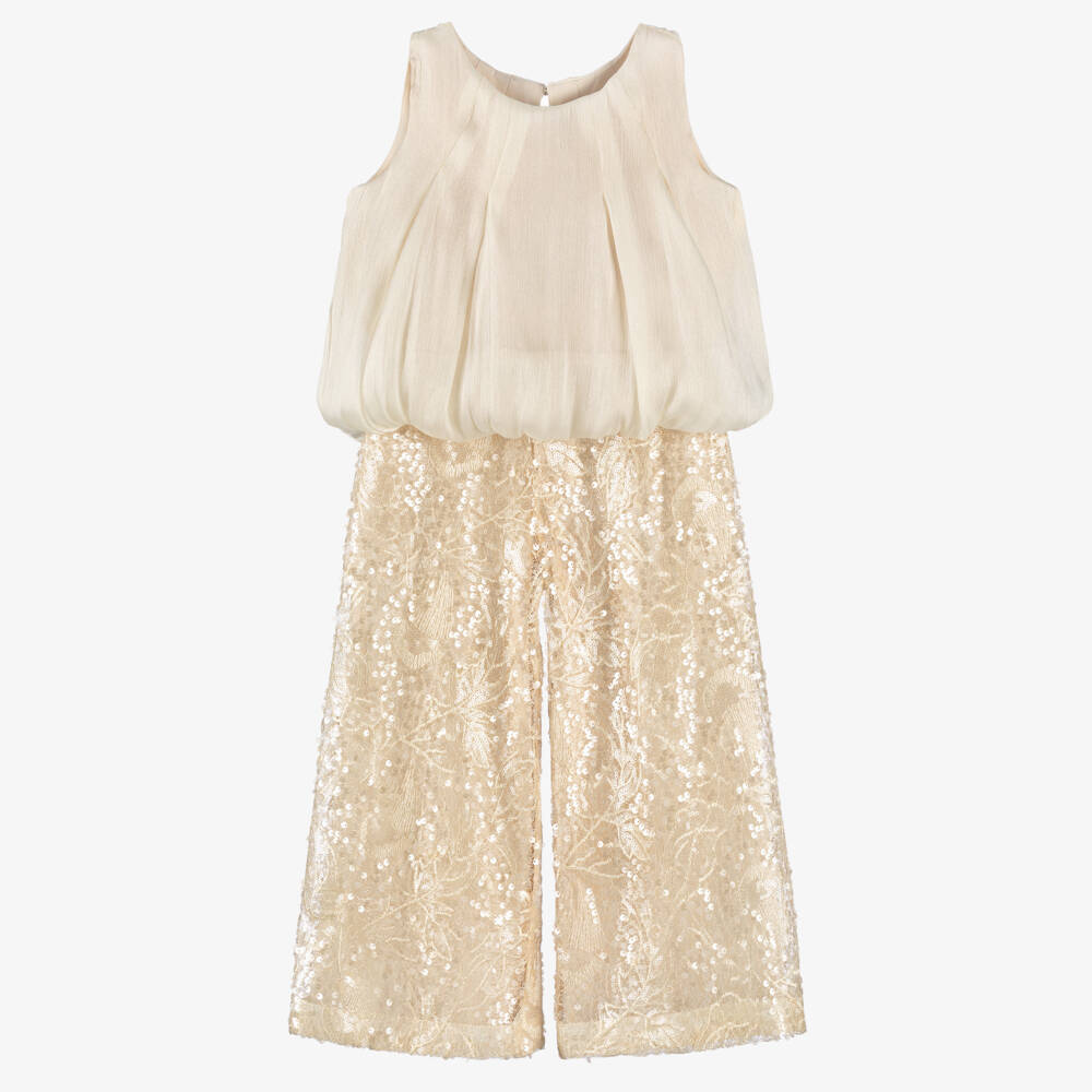 Abel & Lula-Girls Ivory Chiffon Top & Sequinned Lace Trouser Set | Childrensalon