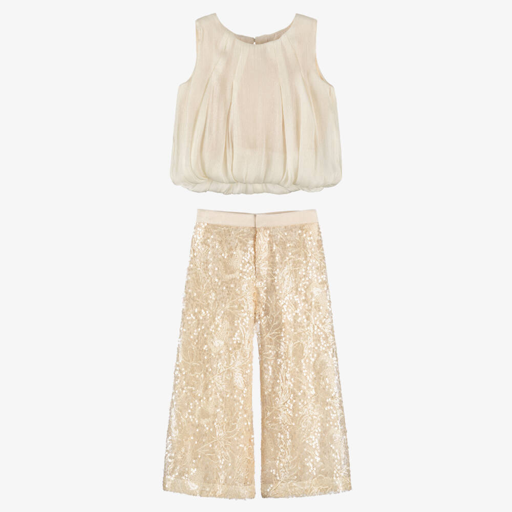 Abel & Lula-Girls Ivory Chiffon Top & Sequinned Lace Trouser Set | Childrensalon