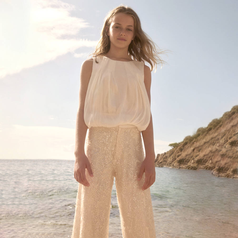 Abel & Lula-Girls Ivory Chiffon Top & Sequinned Lace Trouser Set | Childrensalon