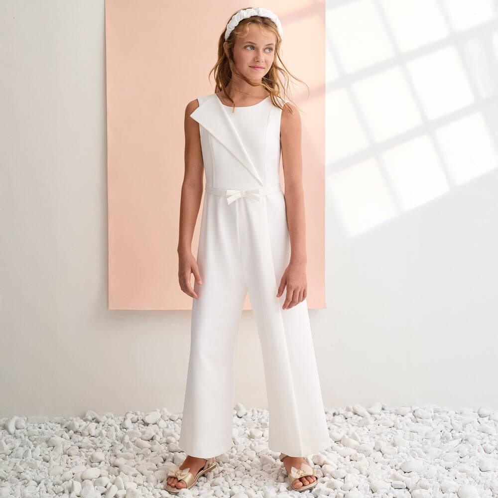 Abel & Lula-Girls Ivory Crêpe Sleeveless Jumpsuit | Childrensalon