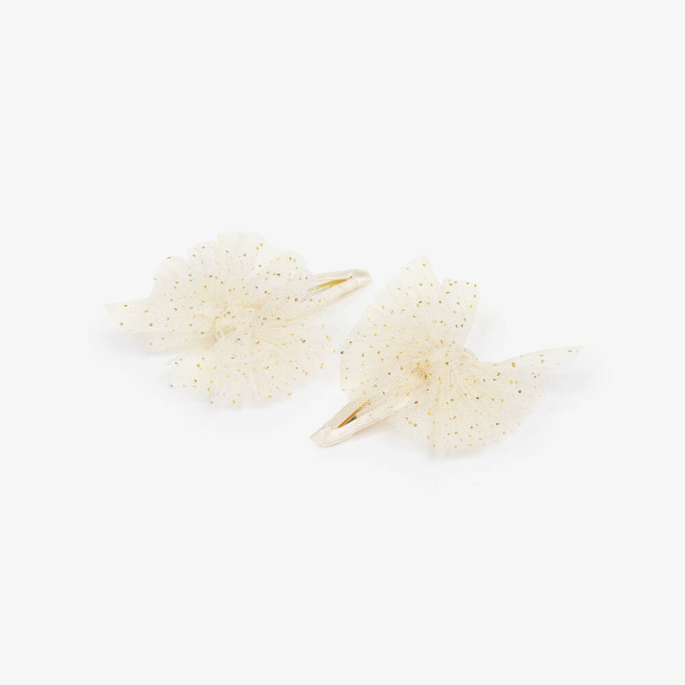 Abel & Lula-Girls Ivory & Glittery Gold Tulle Bow Hairclips (2 Pack) | Childrensalon
