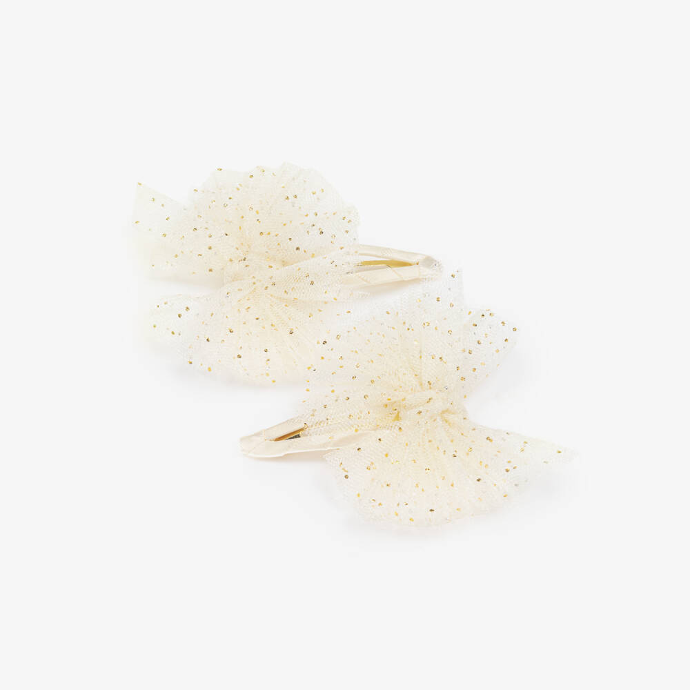 Abel & Lula-Girls Ivory & Glittery Gold Tulle Bow Hairclips (2 Pack) | Childrensalon