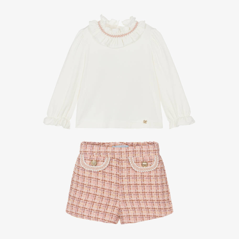 Abel & Lula-Girls Ivory & Pink Tweed Shorts Set with Glittery Gold Thread | Childrensalon