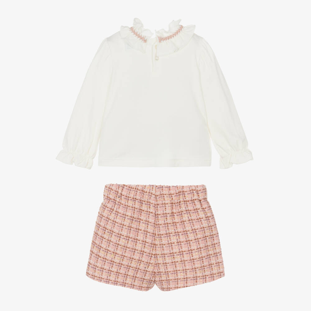 Abel & Lula-Girls Ivory & Pink Tweed Shorts Set with Glittery Gold Thread | Childrensalon