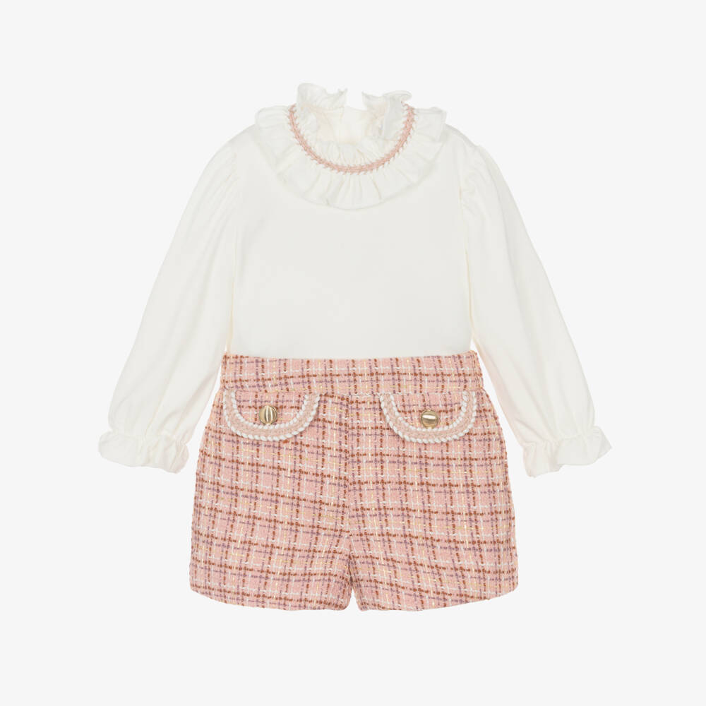 Abel & Lula-Girls Ivory & Pink Tweed Shorts Set with Glittery Gold Thread | Childrensalon