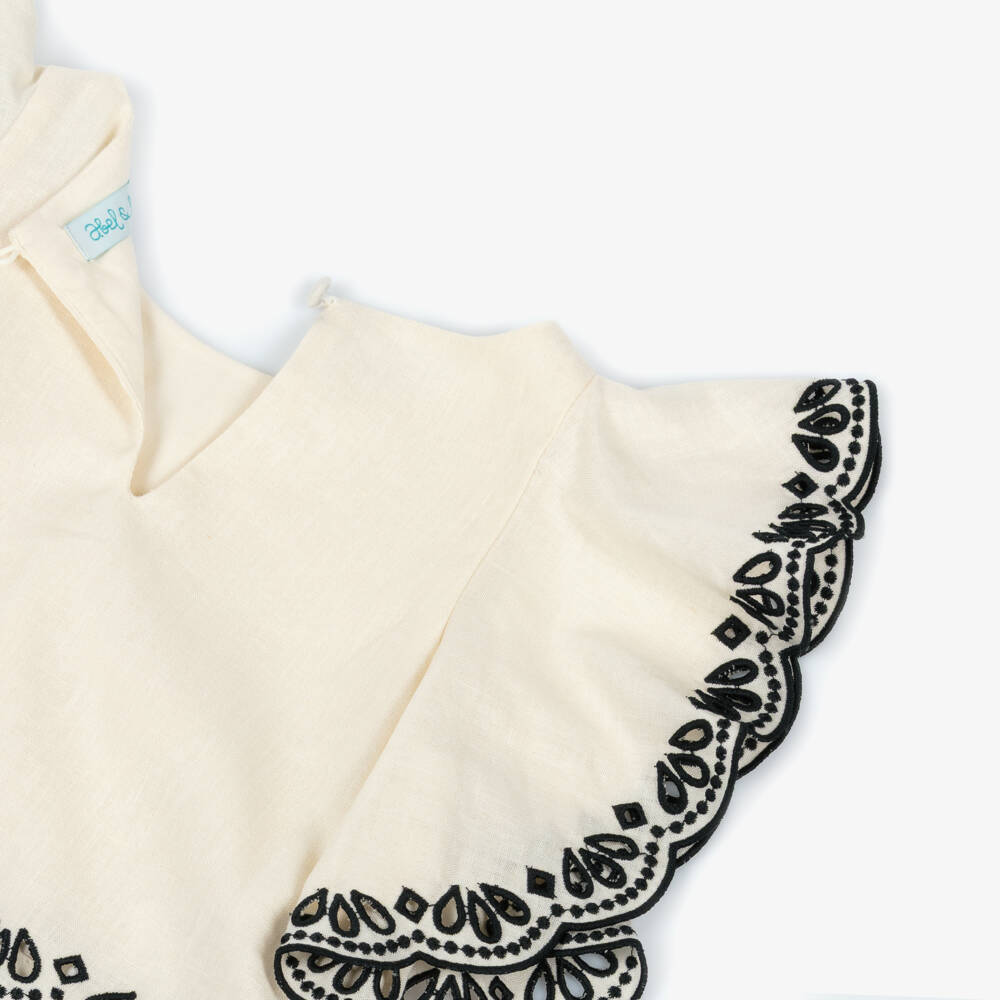 Abel & Lula-Girls Ivory Shorts Set with Black Broderie Anglaise Trims | Childrensalon