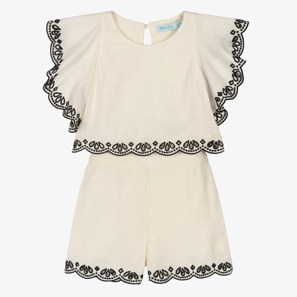 Abel & Lula-Girls Ivory Shorts Set with Black Broderie Anglaise Trims | Childrensalon