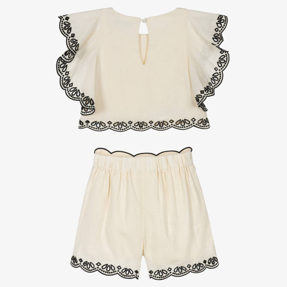 Abel & Lula-Girls Ivory Shorts Set with Black Broderie Anglaise Trims | Childrensalon