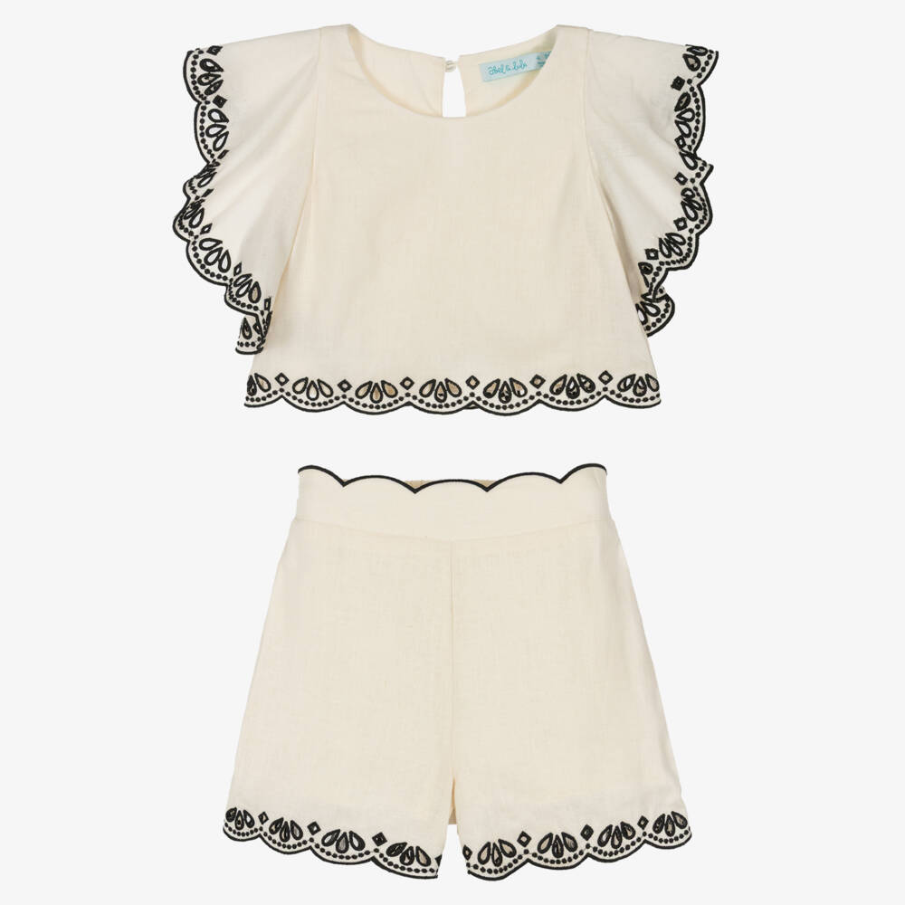 Abel & Lula-Girls Ivory Shorts Set with Black Broderie Anglaise Trims | Childrensalon