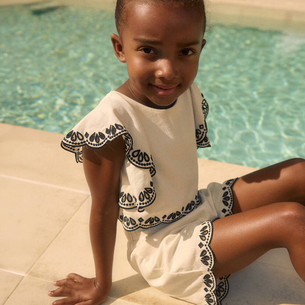 Abel & Lula-Girls Ivory Shorts Set with Black Broderie Anglaise Trims | Childrensalon