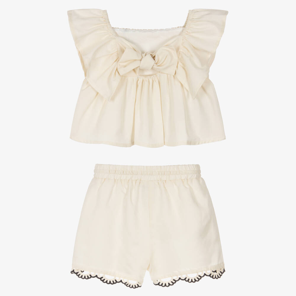 Abel & Lula-Girls Ivory Shorts Set with Crochet Flower Trim | Childrensalon