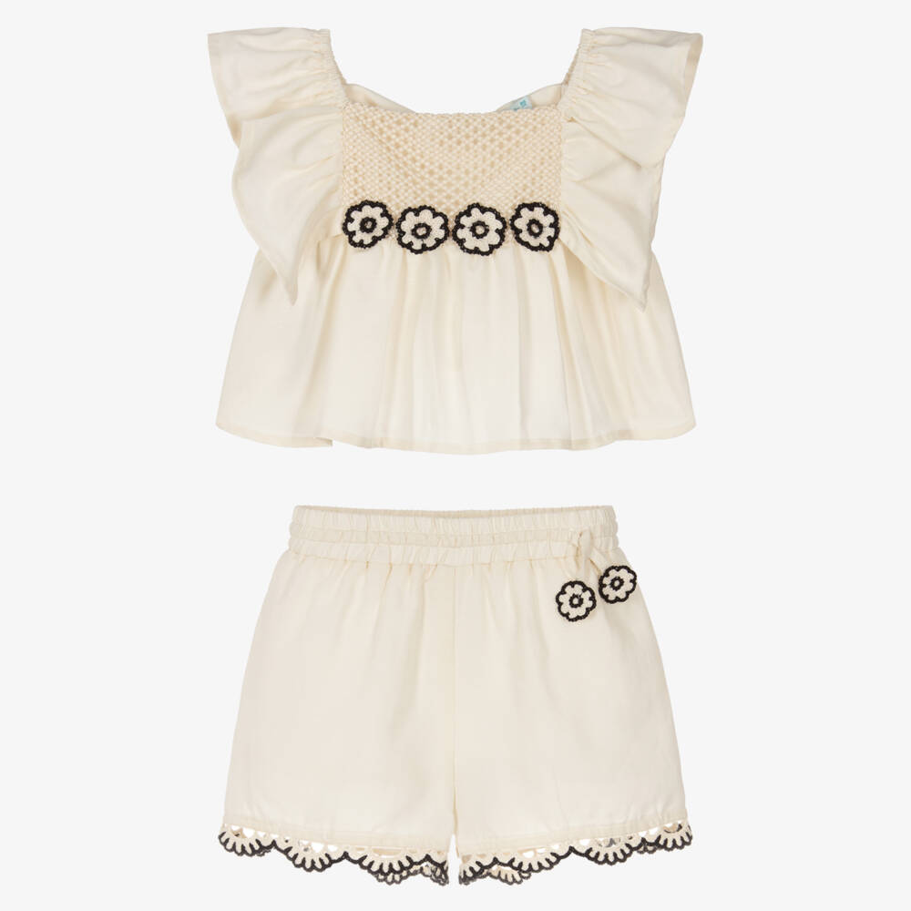 Abel & Lula-Girls Ivory Shorts Set with Crochet Flower Trim | Childrensalon
