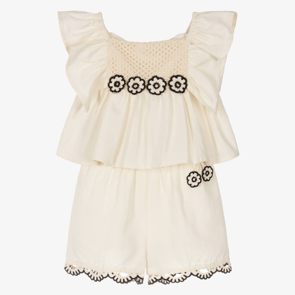 Abel & Lula-Girls Ivory Shorts Set with Crochet Flower Trim | Childrensalon