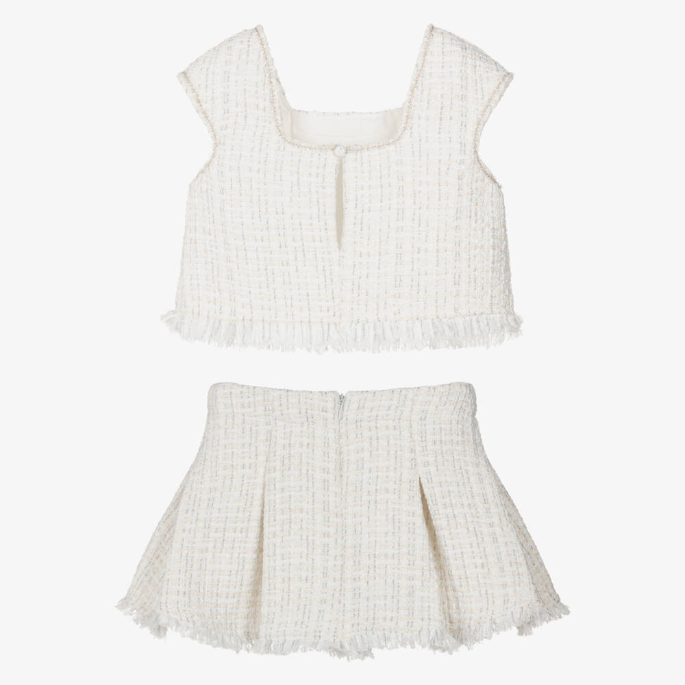 Abel & Lula-Girls Ivory & Silver Pleated Tweed Skirt Set | Childrensalon