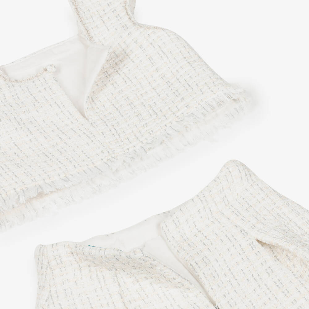 Abel & Lula-Girls Ivory & Silver Pleated Tweed Skirt Set | Childrensalon