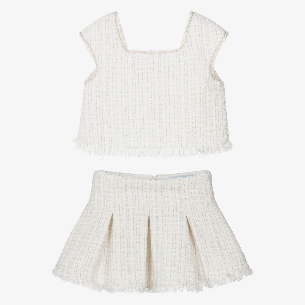 Abel & Lula-Girls Ivory & Silver Pleated Tweed Skirt Set | Childrensalon
