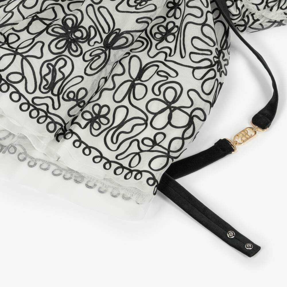 Abel & Lula-Girls Ivory Tulle Dress with Black Ribbon Floral Pattern | Childrensalon