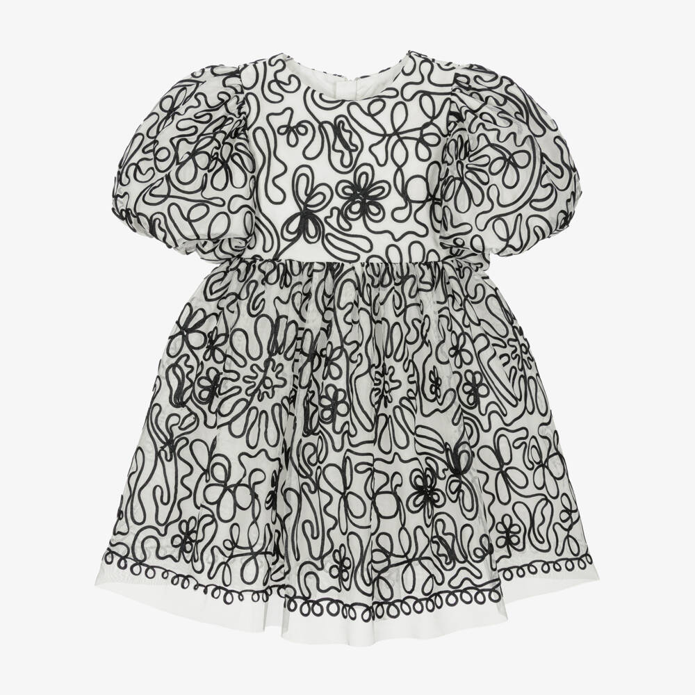 Abel & Lula-Girls Ivory Tulle Dress with Black Ribbon Floral Pattern | Childrensalon