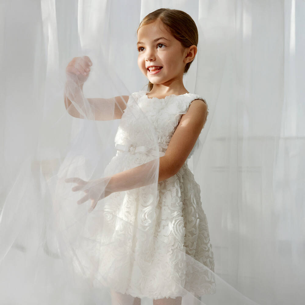 Abel & Lula-فستان تول لون عاجي مزين بورود للبنات | Childrensalon