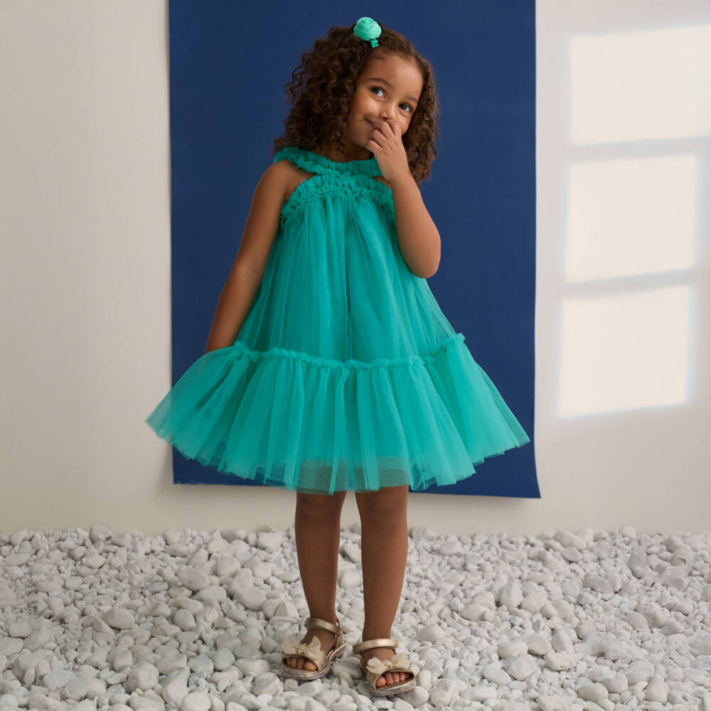 Abel & Lula-Платье зеленое из тюля с оборками для девочек | Childrensalon