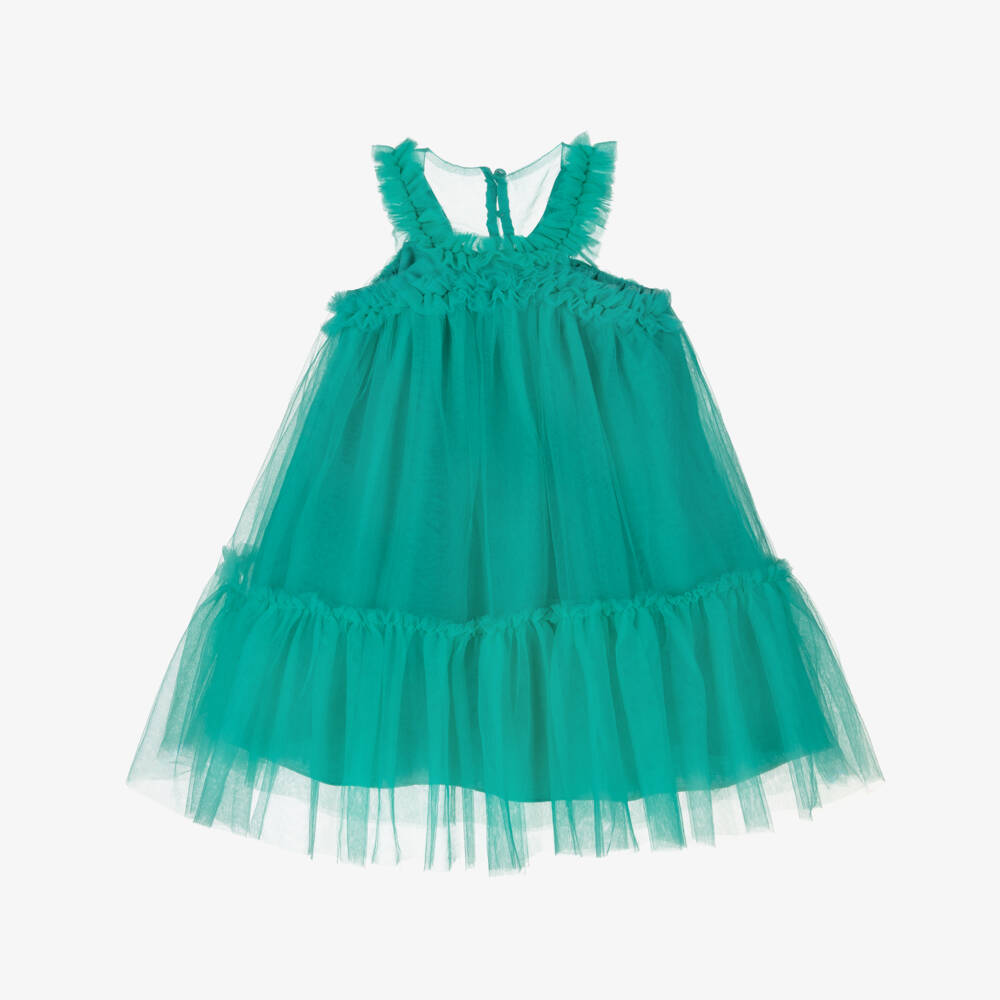 Abel & Lula-Girls Jade Green Tulle Dress with Ruffles | Childrensalon