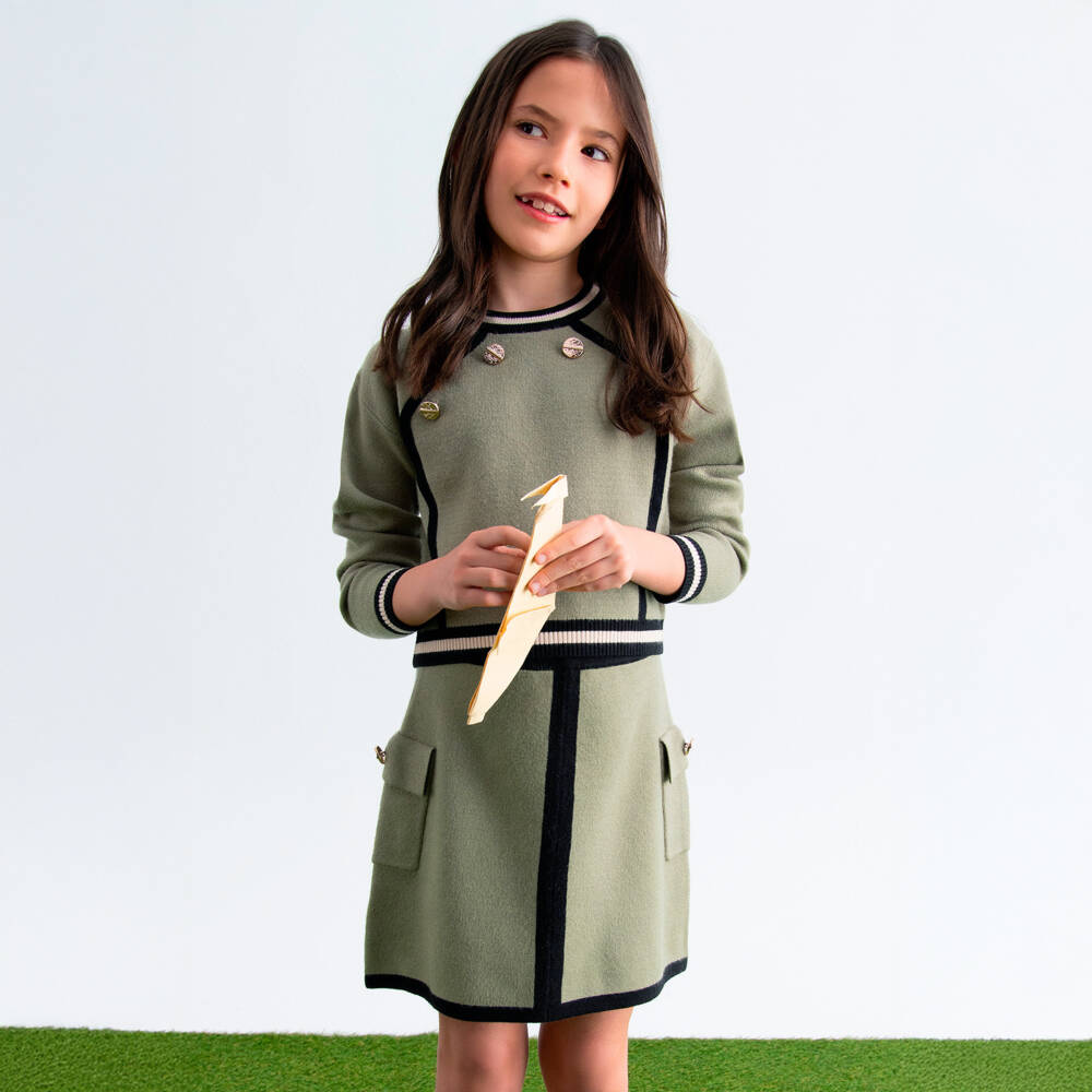 Abel & Lula-Girls Khaki Green Knitted Skirt Set | Childrensalon