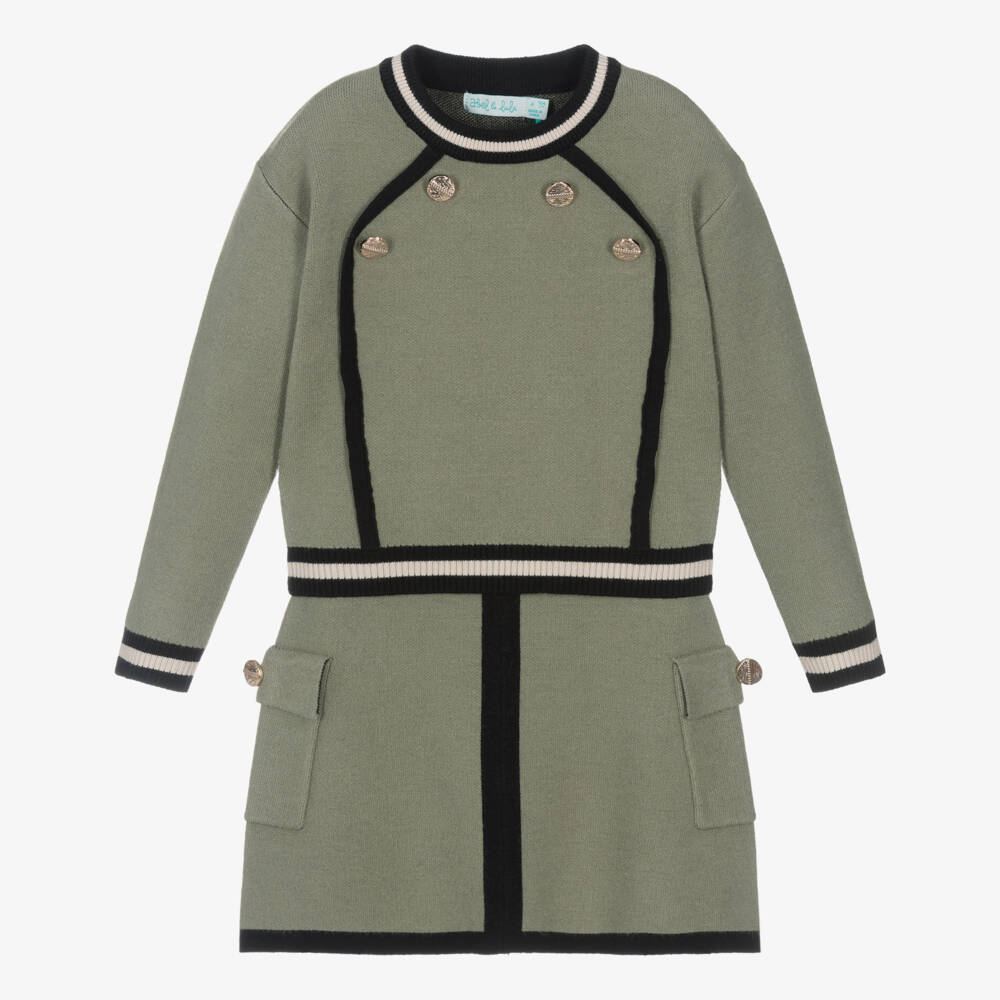 Abel & Lula-Girls Khaki Green Knitted Skirt Set | Childrensalon