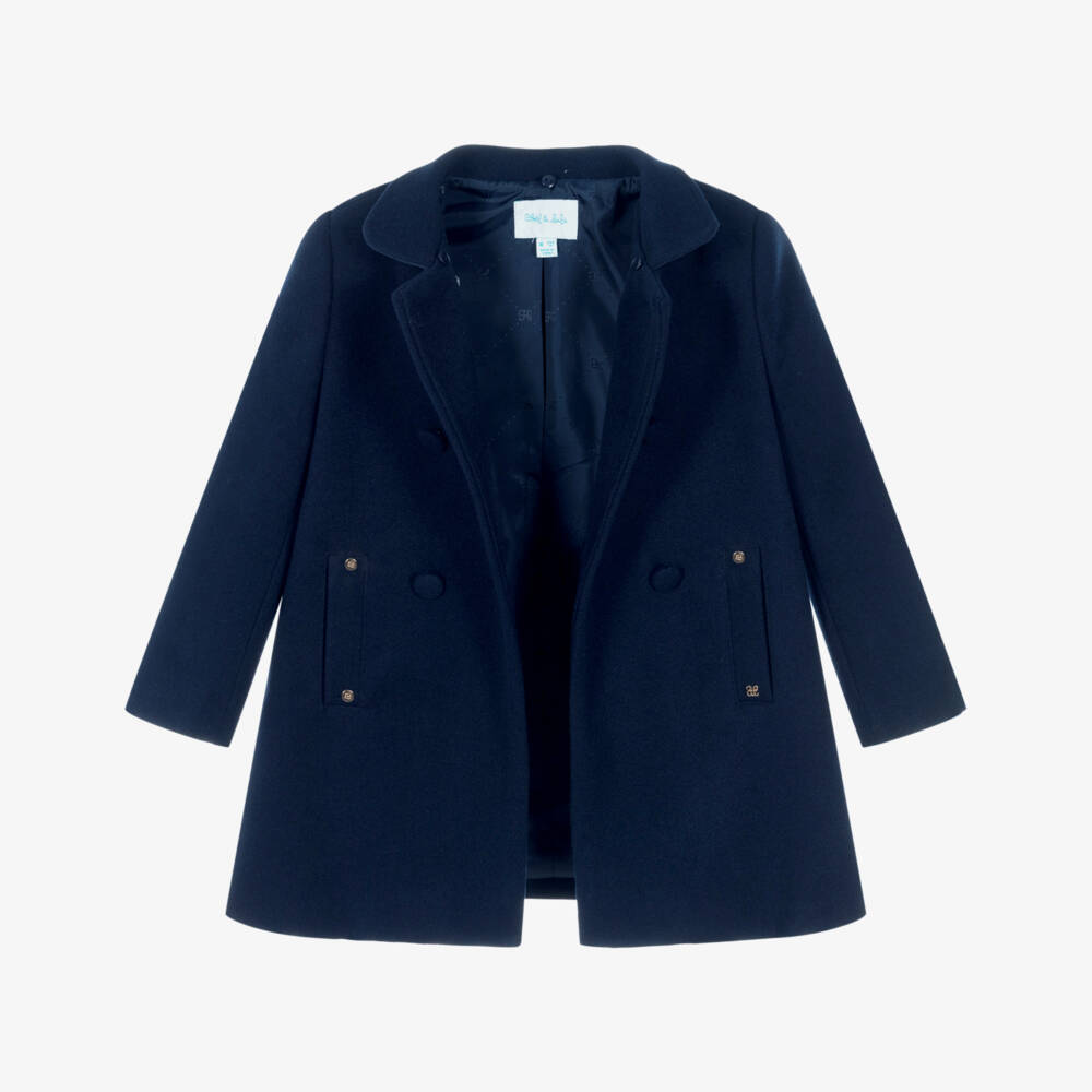 Abel & Lula-Girls Navy Blue Felted Coat with Faux Fur Collar | Childrensalon