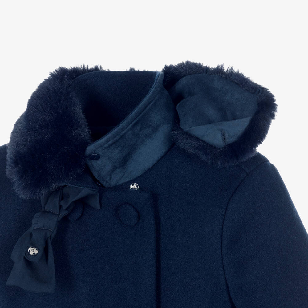 Abel & Lula-Girls Navy Blue Felted Coat with Faux Fur Collar | Childrensalon