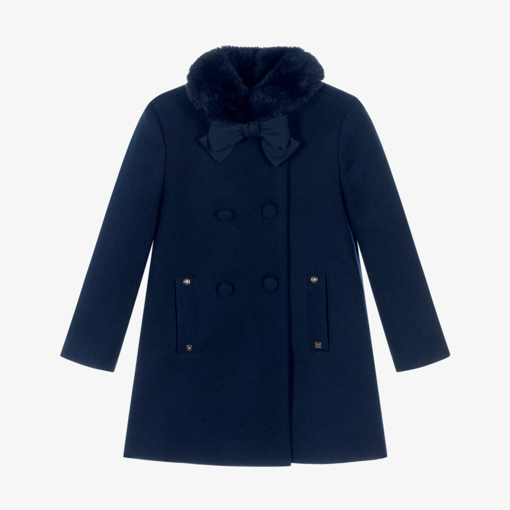 Abel & Lula-Girls Navy Blue Felted Coat with Faux Fur Collar | Childrensalon