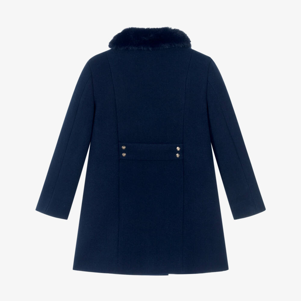 Abel & Lula-Girls Navy Blue Felted Coat with Faux Fur Collar | Childrensalon