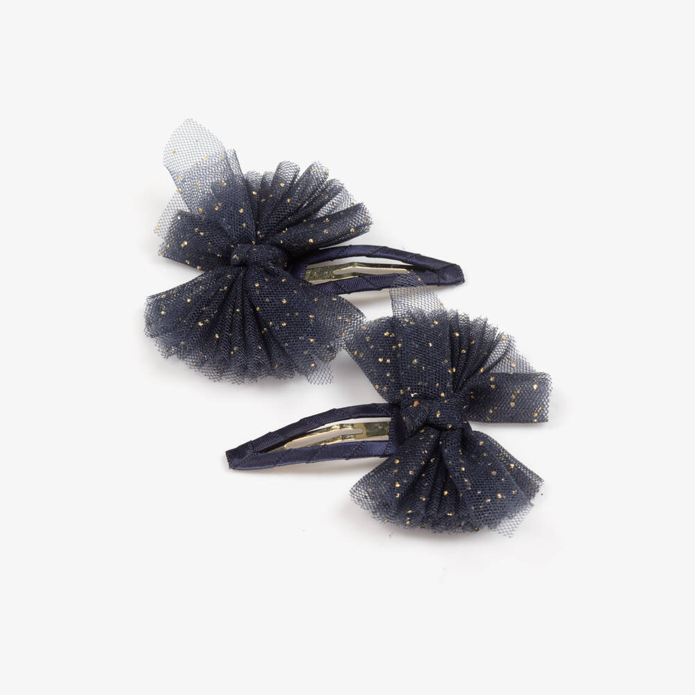 Abel & Lula-Girls Navy Blue & Glittery Gold Tulle Bow Hairclips (2 Pack) | Childrensalon