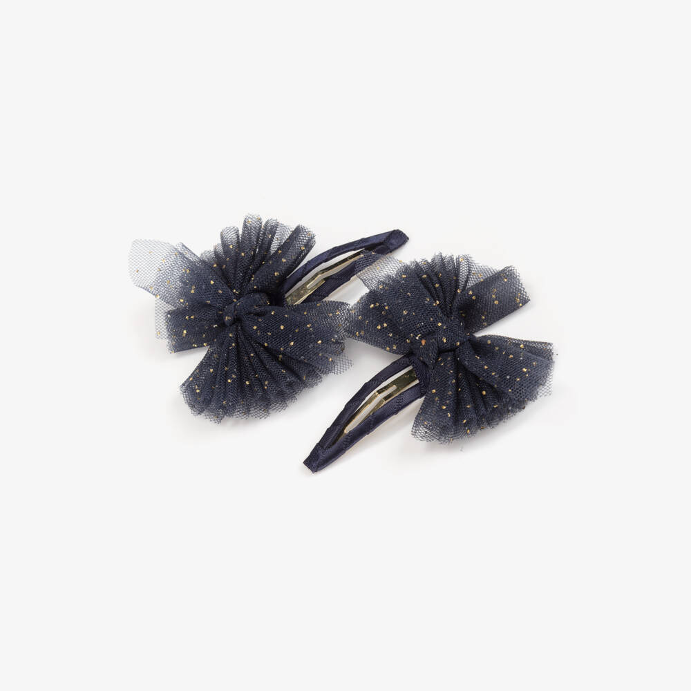 Abel & Lula-Girls Navy Blue & Glittery Gold Tulle Bow Hairclips (2 Pack) | Childrensalon