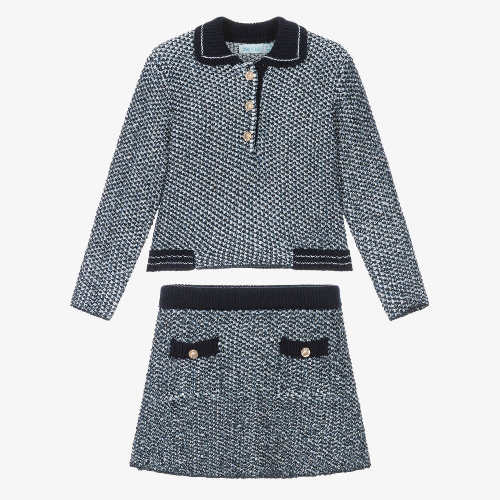 Abel & Lula-Girls Navy Blue Sparkle Knit Skirt Set | Childrensalon