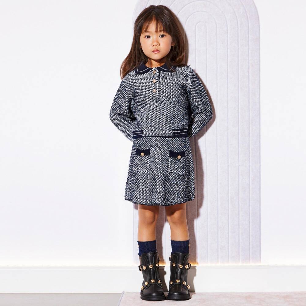 Abel & Lula-Girls Navy Blue Sparkle Knit Skirt Set | Childrensalon