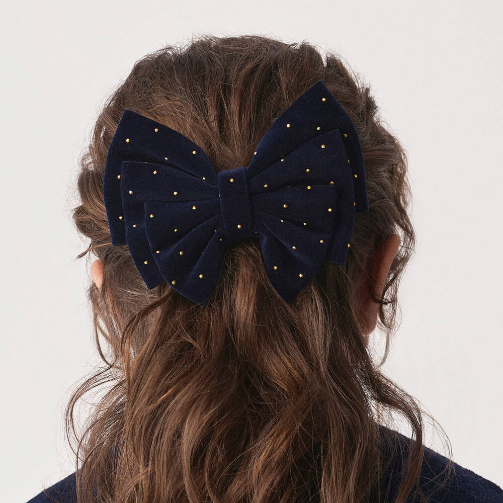 Abel & Lula-Girls Navy Blue Velvet Bow Clip with Gold Rhinestones (13cm) | Childrensalon