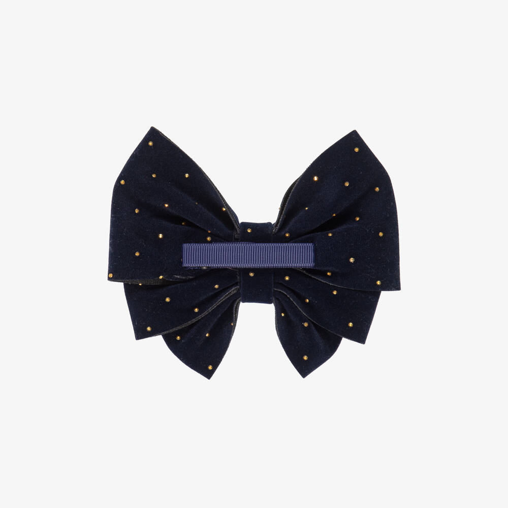 Abel & Lula-Girls Navy Blue Velvet Bow Clip with Gold Rhinestones (13cm) | Childrensalon